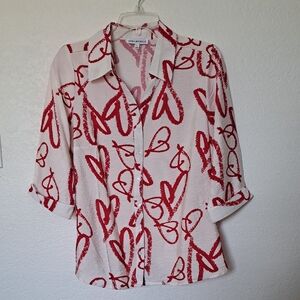 Women's Blouse Red and Cream Abstract Hearts Print Valentine's Day